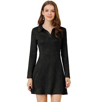 Women's Faux Suede Lapel Neck Long Sleeve A-Line Dress