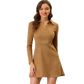Women's Faux Suede Lapel Neck Long Sleeve A-Line Dress