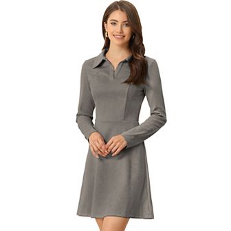 Women's Faux Suede Lapel Neck Long Sleeve A-Line Dress