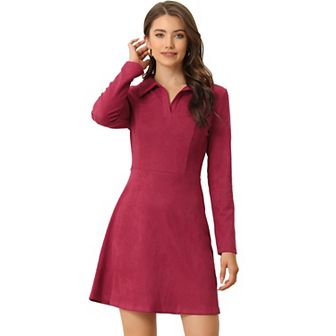 Women's Faux Suede Lapel Neck Long Sleeve A-Line Dress