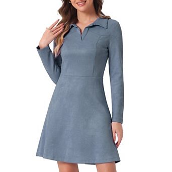 Women's Faux Suede Lapel Neck Long Sleeve A-Line Dress
