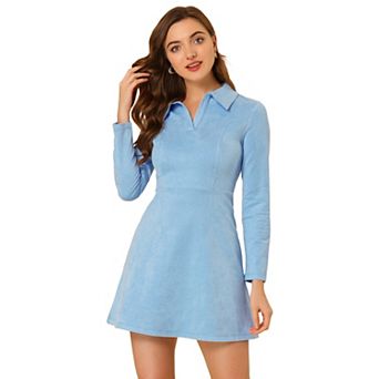 Women's Faux Suede Lapel Neck Long Sleeve A-Line Dress