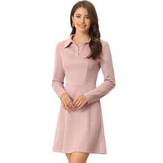 Women's Faux Suede Lapel Neck Long Sleeve A-Line Dress