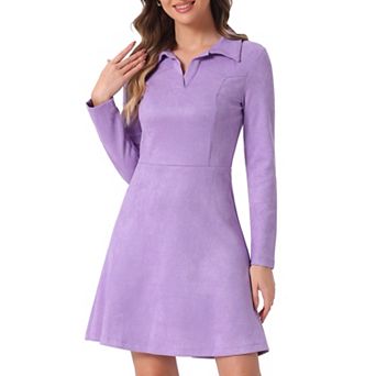 Women's Faux Suede Lapel Neck Long Sleeve A-Line Dress