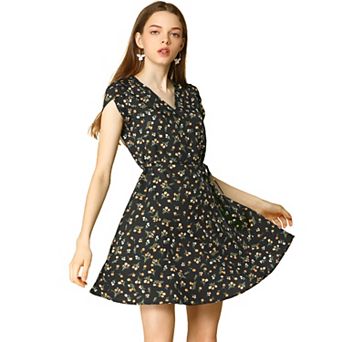 Women's Floral Crossover V Neck Petal Sleeves Belted Dress