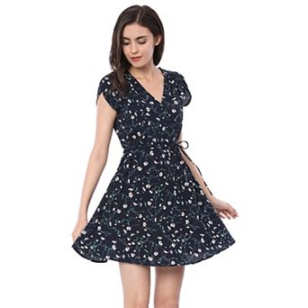 Women's Floral Crossover V Neck Petal Sleeves Belted Dress