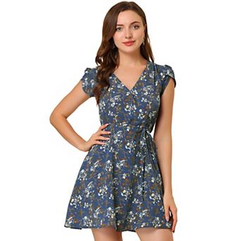 Women's Floral Crossover V Neck Petal Sleeves Belted Dress