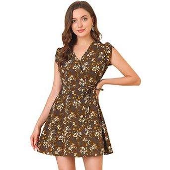 Women's Floral Crossover V Neck Petal Sleeves Belted Dress