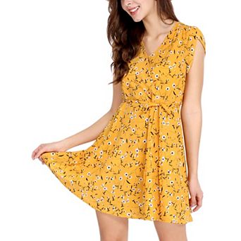 Women's Floral Crossover V Neck Petal Sleeves Belted Dress