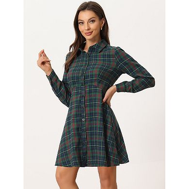 Women's Plaid Button up Point Collar Long Sleeve a-Line Dress
