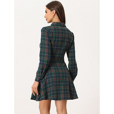 Women's Plaid Button up Point Collar Long Sleeve a-Line Dress