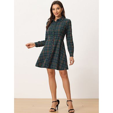 Women's Plaid Button up Point Collar Long Sleeve a-Line Dress