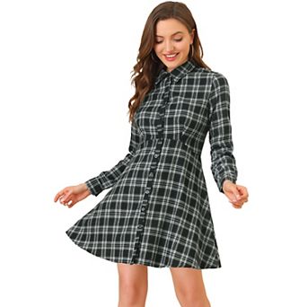 Women's Plaid Button up Point Collar Long Sleeve a-Line Dress