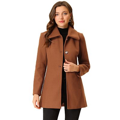 Turn Down Collar Overcoat A-Line Single Breasted Winter Coat, Brown / L