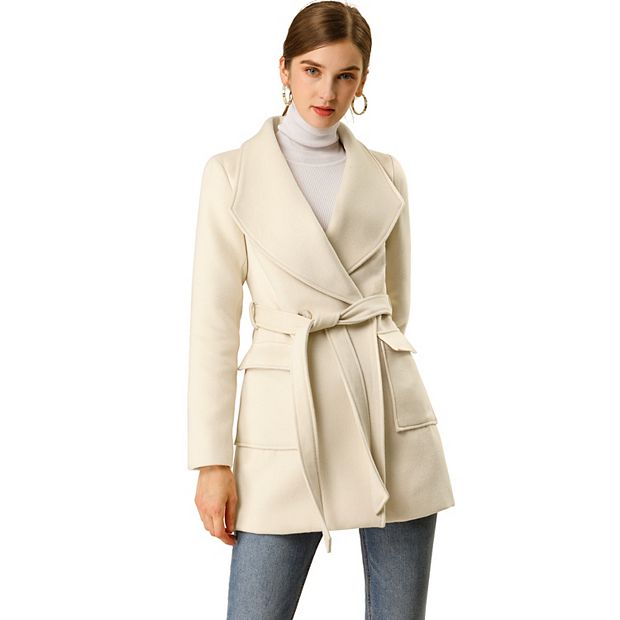 Allegra K Women s Shawl Collar Lapel Winter Belted Worsted Coat with Pockets Cream White XL