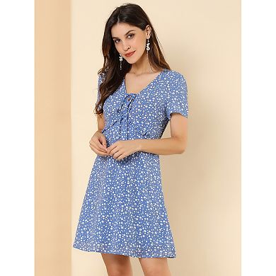 Women's Tie V Neck Short Sleeve Ruffle Floral a-Line Dress