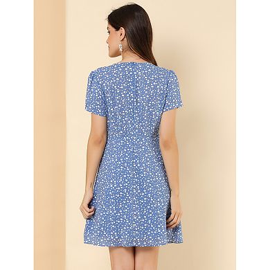Women's Tie V Neck Short Sleeve Ruffle Floral a-Line Dress