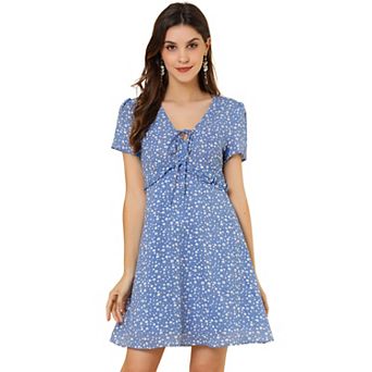 Women's Tie V Neck Short Sleeve Ruffle Floral a-Line Dress
