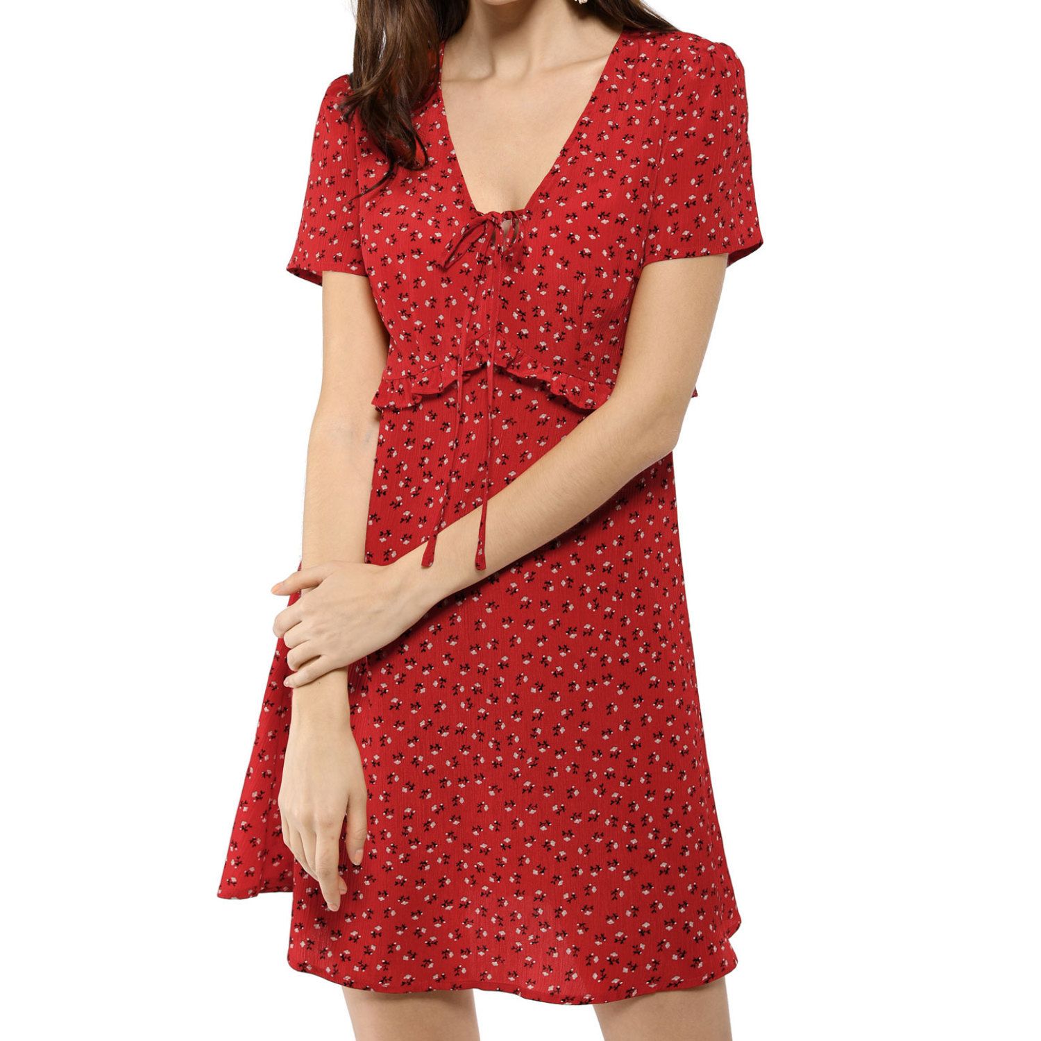 Женские платья Tie V Neck Short Sleeve Ruffle Floral a-Line Dress