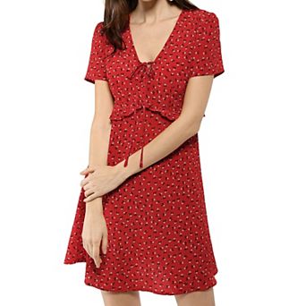 Women's Tie V Neck Short Sleeve Ruffle Floral a-Line Dress