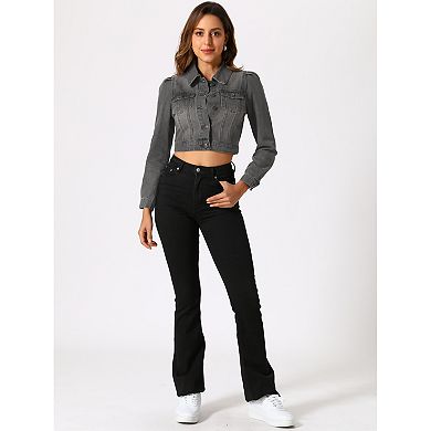 Women's Classic Casual Puffy Sleeve Button Down Cropp Denim Jacket