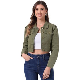 Women's Classic Casual Puffy Sleeve Button Down Cropp Denim Jacket