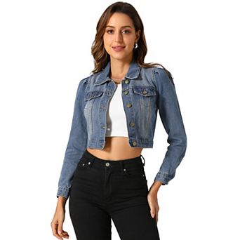 Women's Classic Casual Puffy Sleeve Button Down Cropp Denim Jacket