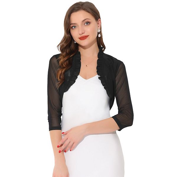 Ruffle Shrug for Women's See Through 3/4 Sleeves Open Front Mesh Crop