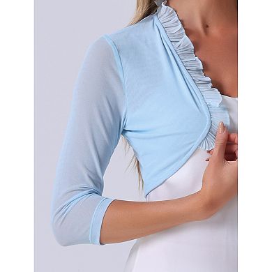 Ruffle Shrug for Women's See Through 3/4 Sleeves Open Front Mesh Crop Bolero Cardigan