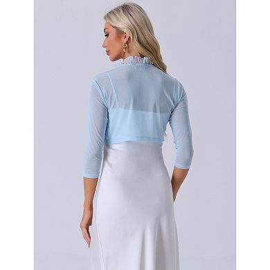 Ruffle Shrug for Women's See Through 3/4 Sleeves Open Front Mesh Crop Bolero Cardigan