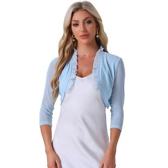 Ruffle Shrug for Women's See Through 3/4 Sleeves Open Front Mesh Crop Bolero Cardigan