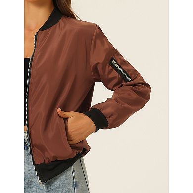 Women's Standing Collar Full Zip Up Short Bomber Jacket