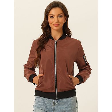 Women's Standing Collar Full Zip Up Short Bomber Jacket