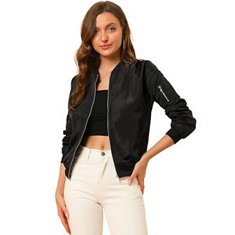 Women's Standing Collar Full Zip up Short Bomber Jacket