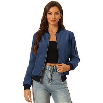 Women's Standing Collar Full Zip Up Short Bomber Jacket