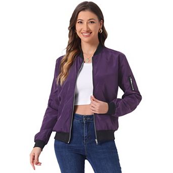 Women's Standing Collar Full Zip Up Short Bomber Jacket