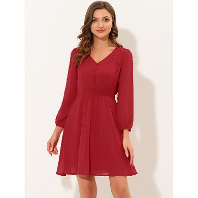 Women's Solid Cute V Neck Half Sleeve Flowy a-Line Chiffon Dress