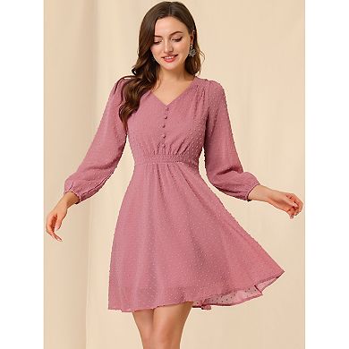 Women's Solid Cute V Neck Half Sleeve Flowy a-Line Chiffon Dress