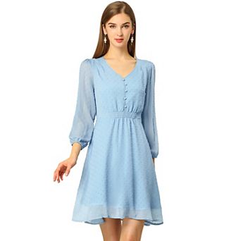 Women's Solid Cute V Neck Half Sleeve Flowy a-Line Chiffon Dress