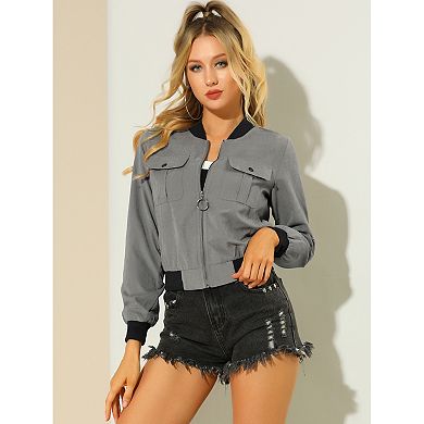 Women's Stand Collar Long Sleeve Zip up Flap Pocket Bomber Jacket
