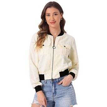 Women's Stand Collar Long Sleeve Zip Up Flap Pocket Bomber Jacket