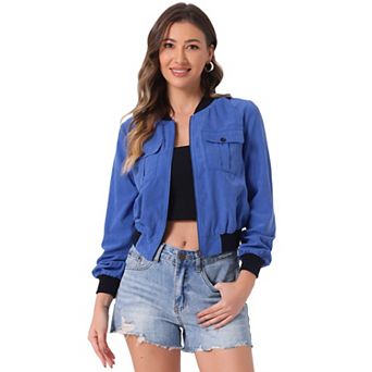 Women's Stand Collar Long Sleeve Zip Up Flap Pocket Bomber Jacket