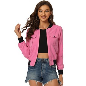 Women's Stand Collar Long Sleeve Zip Up Flap Pocket Bomber Jacket