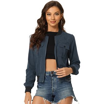 Women's Stand Collar Long Sleeve Zip Up Flap Pocket Bomber Jacket