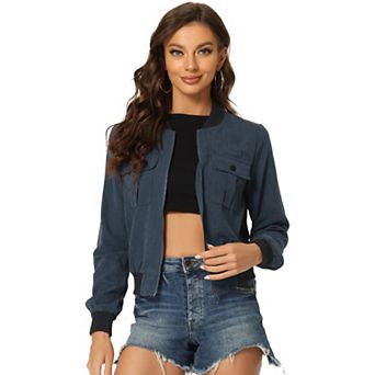 Women's Stand Collar Long Sleeve Zip Up Flap Pocket Bomber Jacket