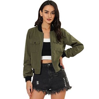 Women's Stand Collar Long Sleeve Zip Up Flap Pocket Bomber Jacket