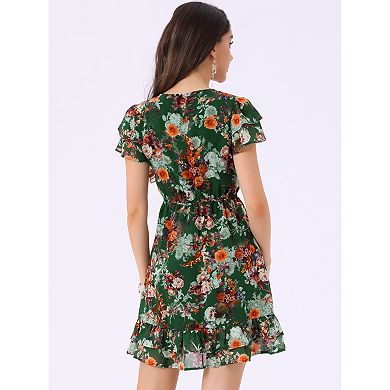 Women's Ruffled Sleeve Self-Tie V Neck Above Knee Chiffon Floral Ruffle Dress