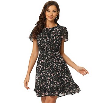 Women's Ruffled Sleeve Self-Tie V Neck Above Knee Chiffon Floral Ruffle Dress