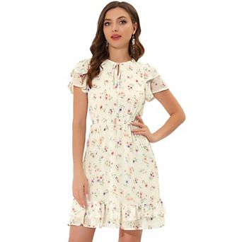 Women's Ruffled Sleeve Self-tie V Neck Above Knee Chiffon Floral Ruffle Dress