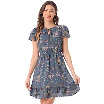 Women's Ruffled Sleeve Self-Tie V Neck Above Knee Chiffon Floral Ruffle Dress